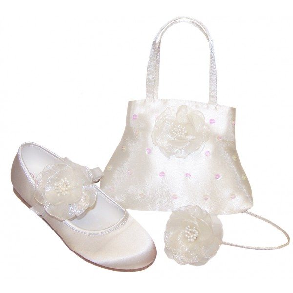 Girls ivory satin flower girl shoes and bag with matching headband