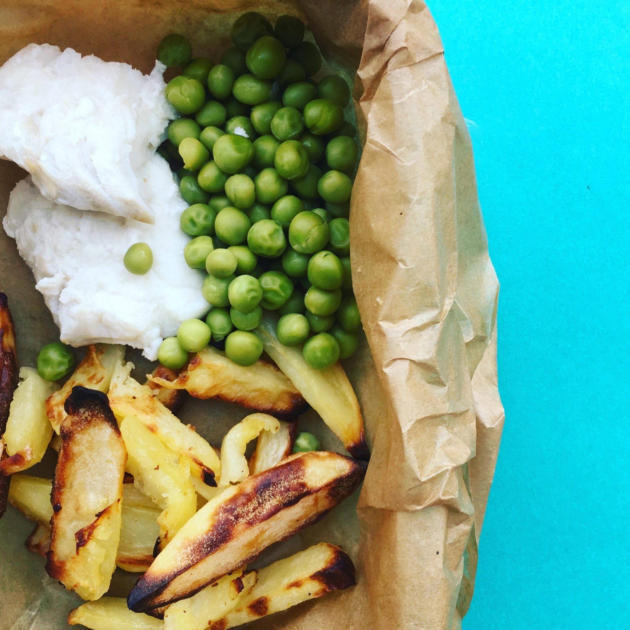 Poached Cod, Homemade Chips & Peas