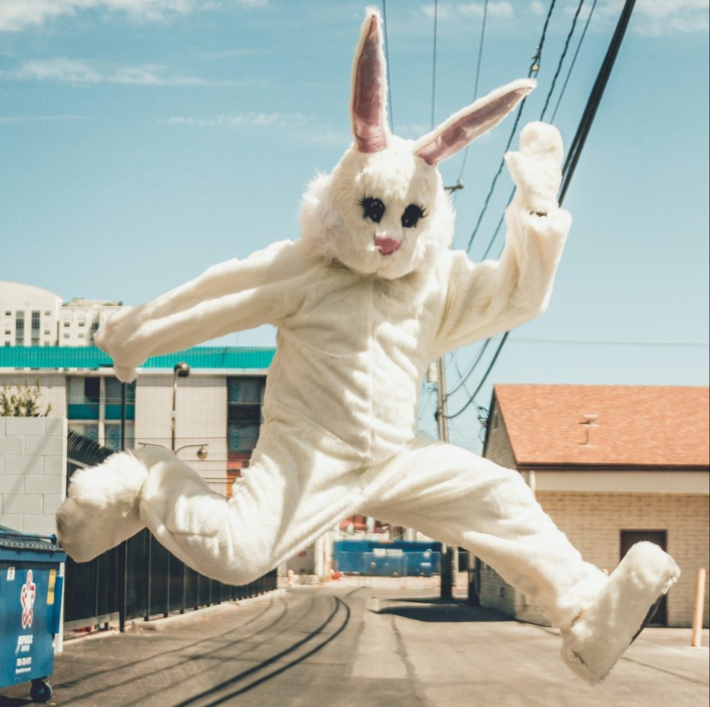 Bunny costume jumping having fun easter kids camps