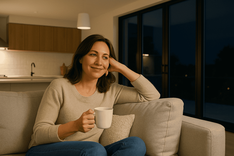 Woman on sofa with tea